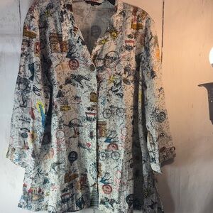 John Mark (XL) Artistic/Travel Graphic Shirt -white and multicolored